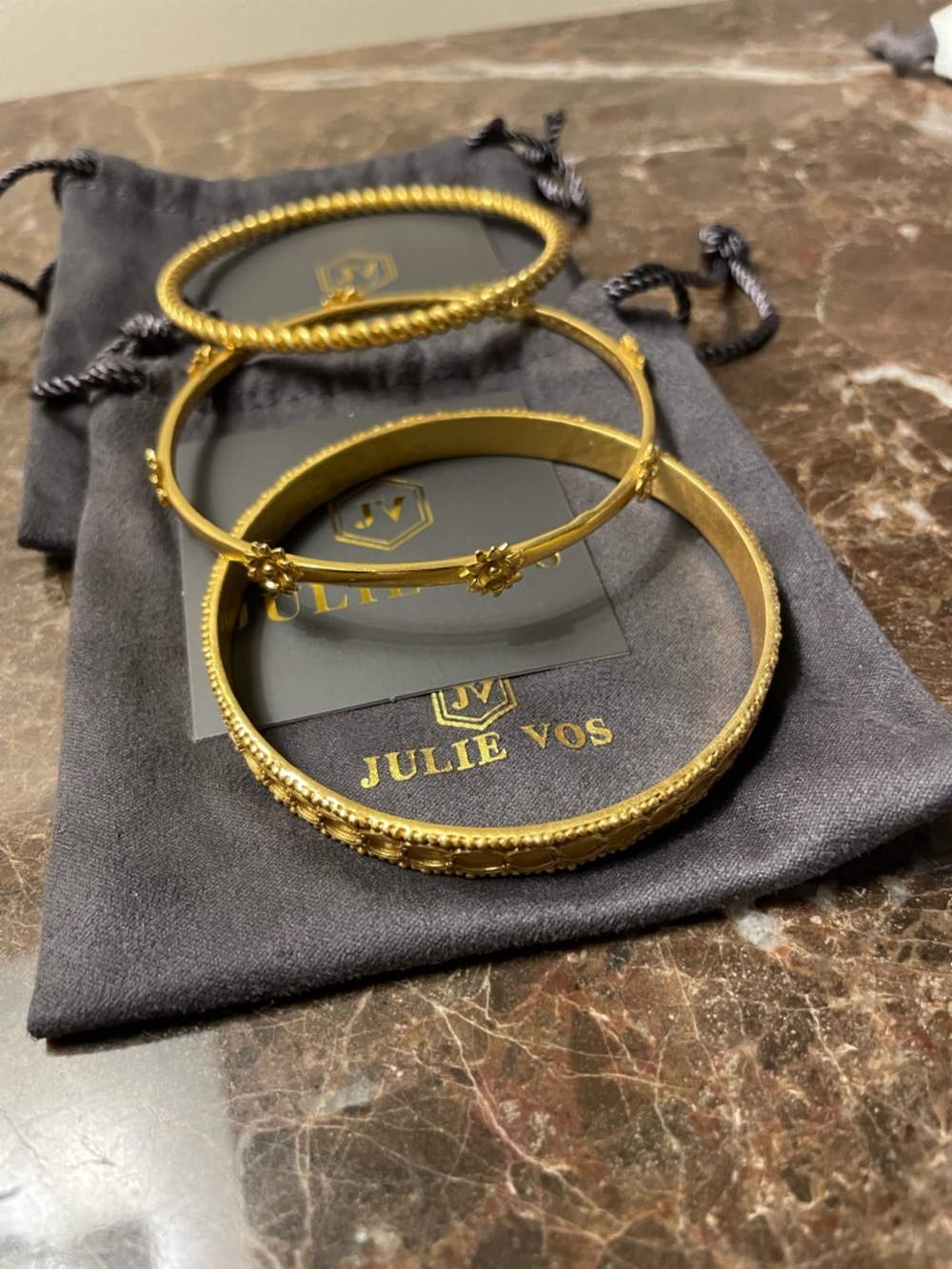 Julie Vos Gold Stacking Bangle Set - Gold with 2 bags and 2 cards